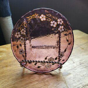 HAND-PAINTED PINK DECORATIVE PLATE WITH A FLORAL MOTIF IRIDESCENT BEAUTFUL BIN E